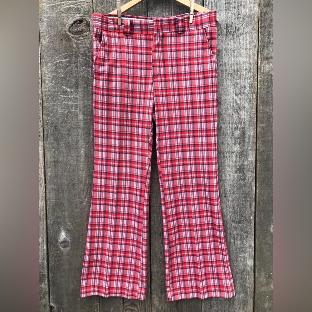 Vintage 70s Red Plaid Flare Trouser Pants Golf Masters Preppy 34 Waist